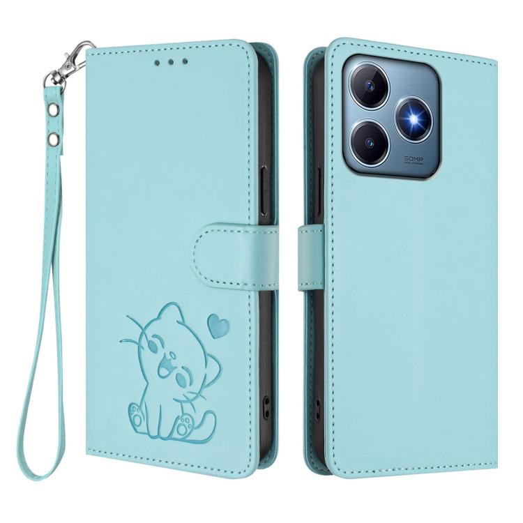 For Realme C63 / C61 / Note 60 4G Global Embossed Heart Cat Leather Phone Case with Hand Strap