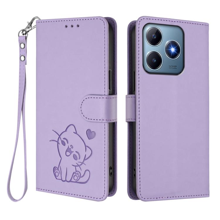 For Realme C63 / C61 / Note 60 4G Global Embossed Heart Cat Leather Phone Case with Hand Strap