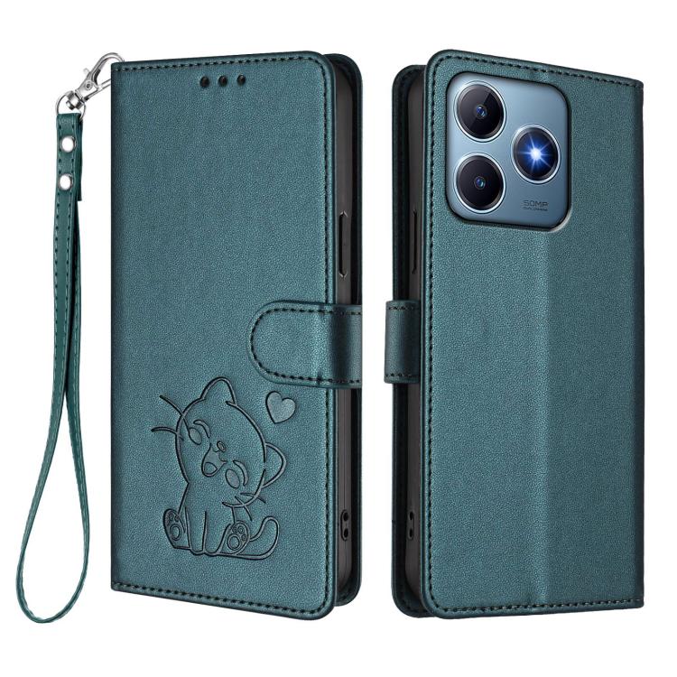 For Realme C63 / C61 / Note 60 4G Global Embossed Heart Cat Leather Phone Case with Hand Strap
