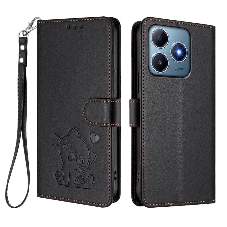 For Realme C63 / C61 / Note 60 4G Global Embossed Heart Cat Leather Phone Case with Hand Strap