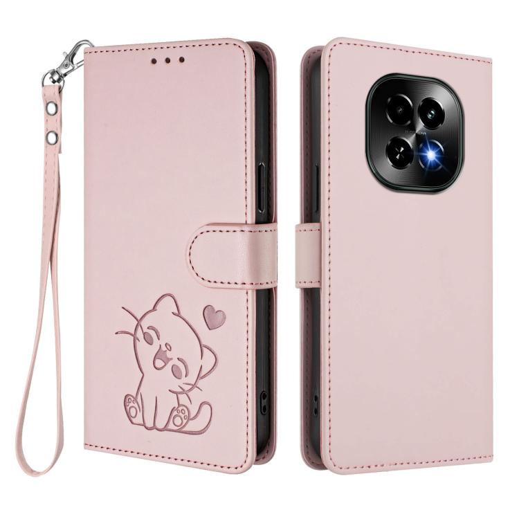 For Realme C63 5G Global Embossed Heart Cat Leather Phone Case with Hand Strap