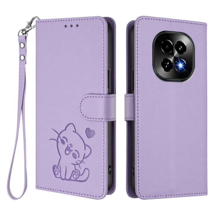 For Realme C63 5G Global Embossed Heart Cat Leather Phone Case with Hand Strap