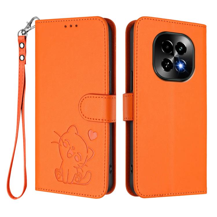 For Realme C63 5G Global Embossed Heart Cat Leather Phone Case with Hand Strap