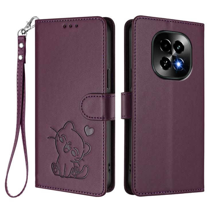 For Realme C63 5G Global Embossed Heart Cat Leather Phone Case with Hand Strap