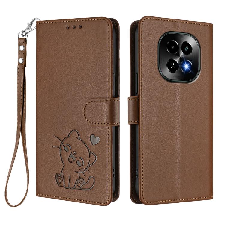 For Realme C63 5G Global Embossed Heart Cat Leather Phone Case with Hand Strap