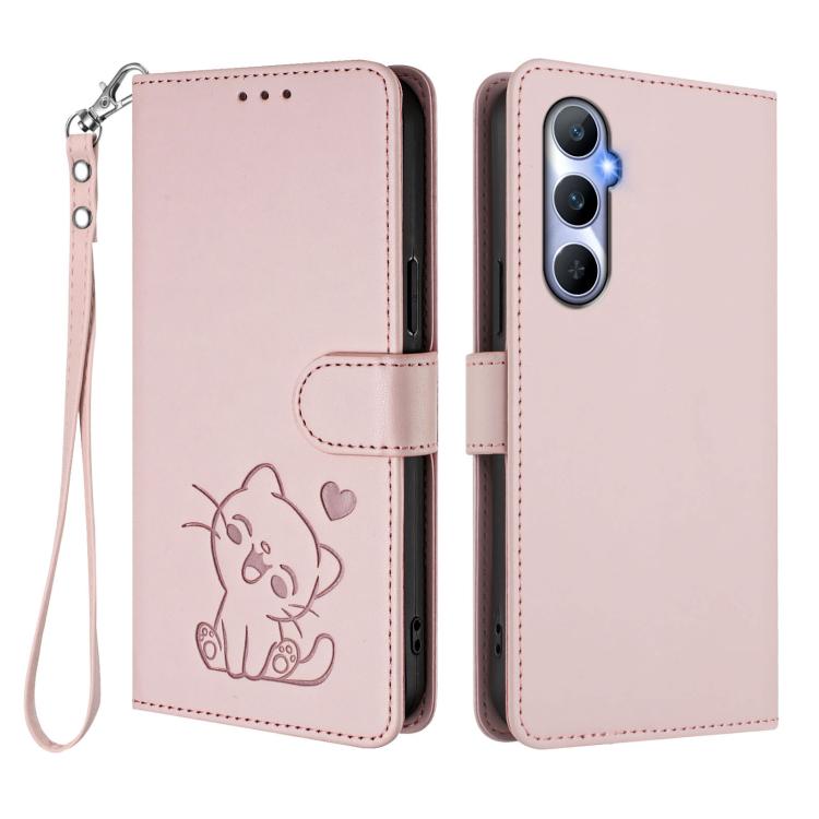 For Realme C65 4G Global Embossed Heart Cat Leather Phone Case with Hand Strap