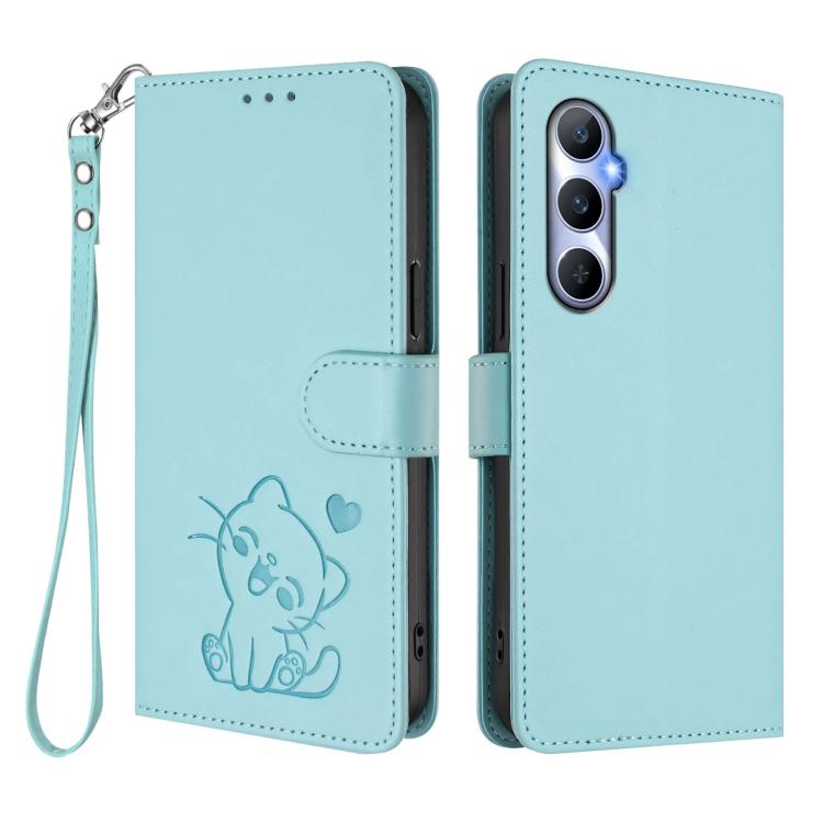 For Realme C65 4G Global Embossed Heart Cat Leather Phone Case with Hand Strap