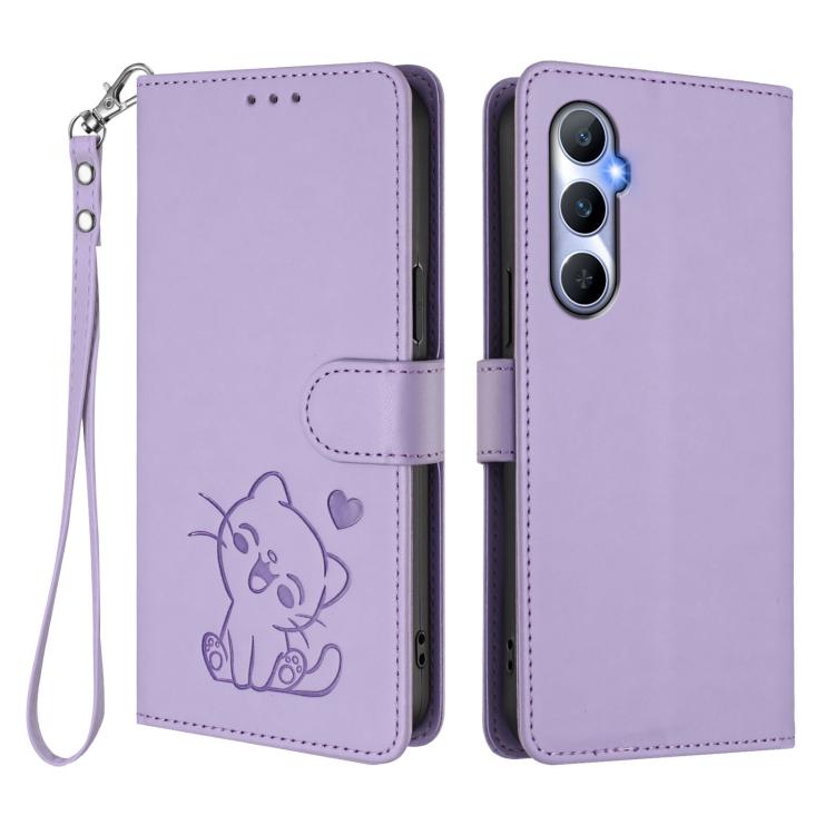 For Realme C65 4G Global Embossed Heart Cat Leather Phone Case with Hand Strap