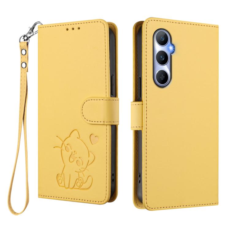 For Realme C65 4G Global Embossed Heart Cat Leather Phone Case with Hand Strap