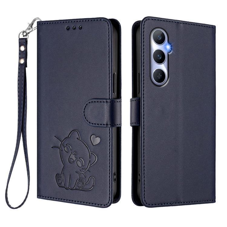 For Realme C65 4G Global Embossed Heart Cat Leather Phone Case with Hand Strap