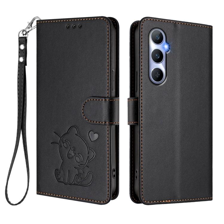 For Realme C65 4G Global Embossed Heart Cat Leather Phone Case with Hand Strap