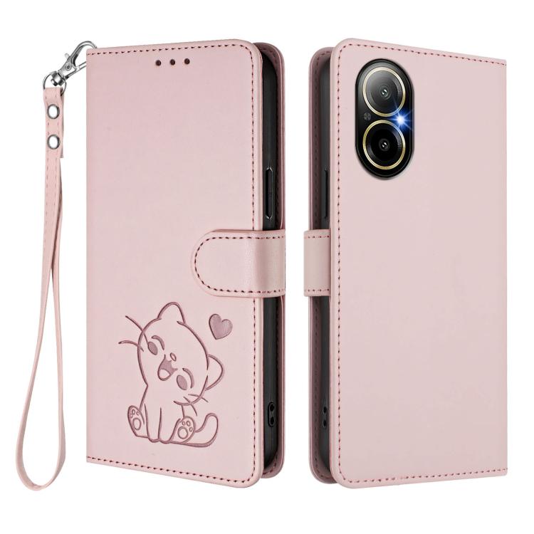 For Realme C67 4G / 12 Lite 4G Global Embossed Heart Cat Leather Phone Case with Hand Strap