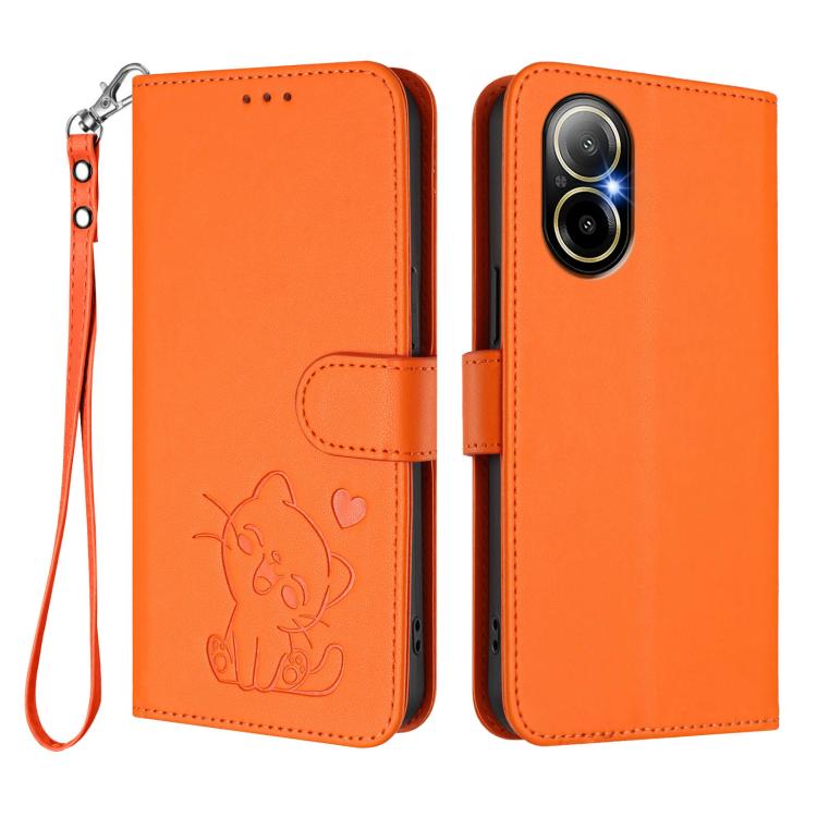 For Realme C67 4G / 12 Lite 4G Global Embossed Heart Cat Leather Phone Case with Hand Strap