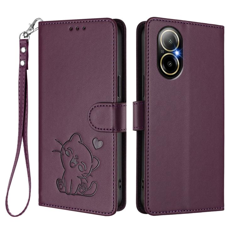 For Realme C67 4G / 12 Lite 4G Global Embossed Heart Cat Leather Phone Case with Hand Strap