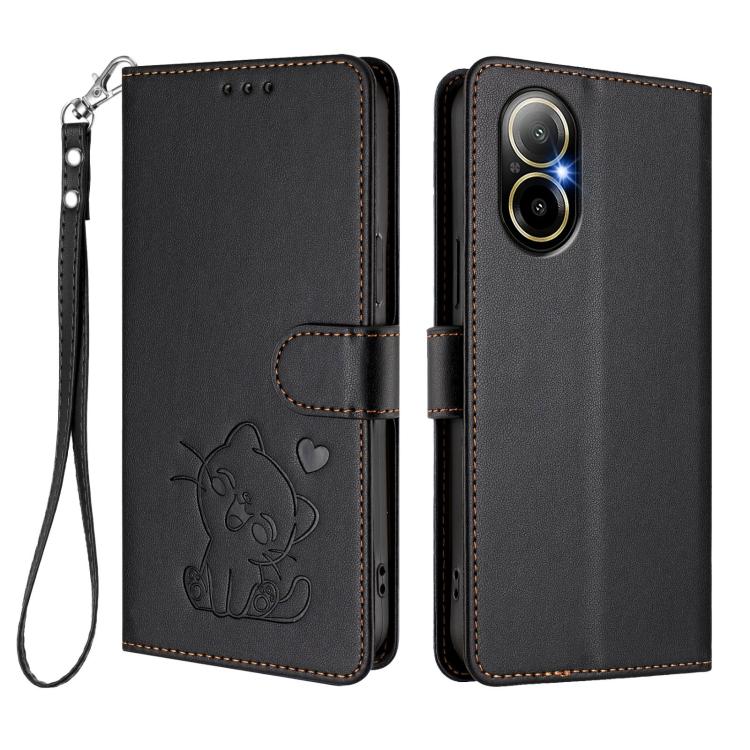 For Realme C67 4G / 12 Lite 4G Global Embossed Heart Cat Leather Phone Case with Hand Strap