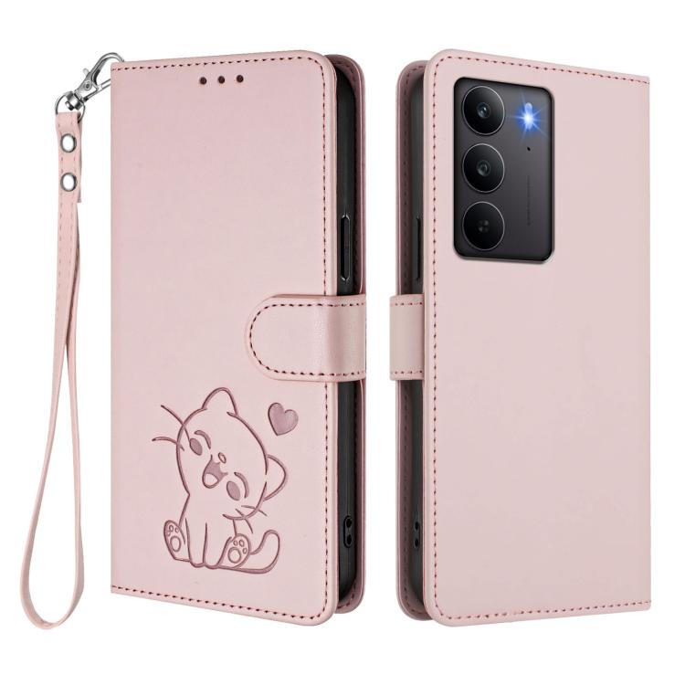 For Realme C75 4G Global / 14x 5G India Embossed Heart Cat Leather Phone Case with Hand Strap