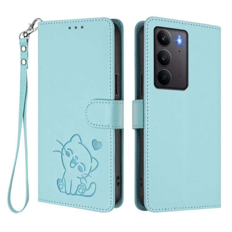 For Realme C75 4G Global / 14x 5G India Embossed Heart Cat Leather Phone Case with Hand Strap
