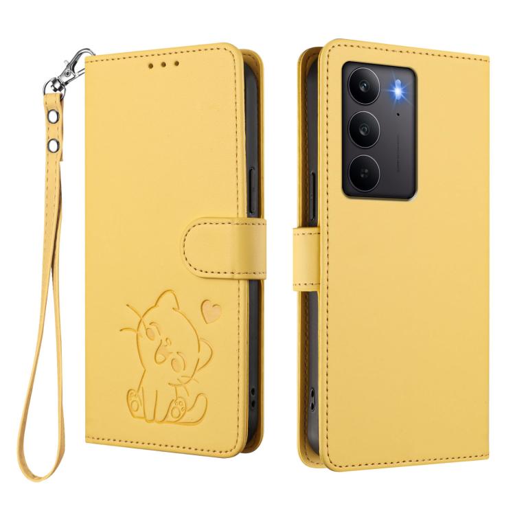 For Realme C75 4G Global / 14x 5G India Embossed Heart Cat Leather Phone Case with Hand Strap