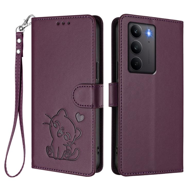 For Realme C75 4G Global / 14x 5G India Embossed Heart Cat Leather Phone Case with Hand Strap