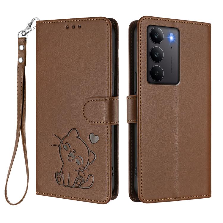 For Realme C75 4G Global / 14x 5G India Embossed Heart Cat Leather Phone Case with Hand Strap