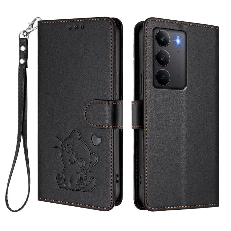 For Realme C75 4G Global / 14x 5G India Embossed Heart Cat Leather Phone Case with Hand Strap