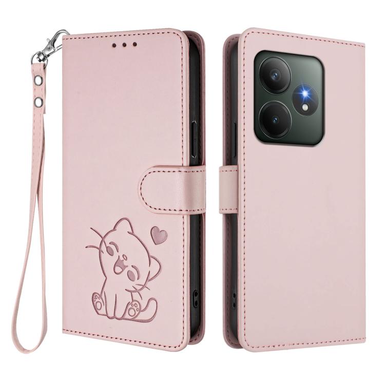 For Realme GT 6 5G / GT 6T 5G Global Embossed Heart Cat Leather Phone Case with Hand Strap
