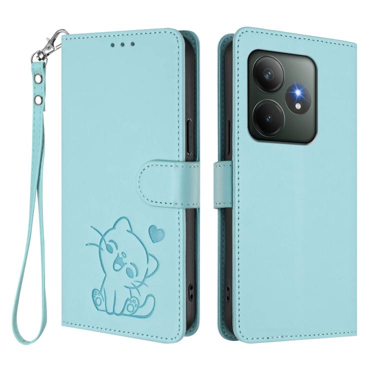 For Realme GT 6 5G / GT 6T 5G Global Embossed Heart Cat Leather Phone Case with Hand Strap