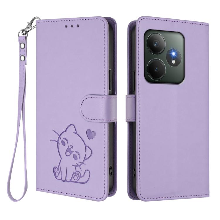 For Realme GT 6 5G / GT 6T 5G Global Embossed Heart Cat Leather Phone Case with Hand Strap
