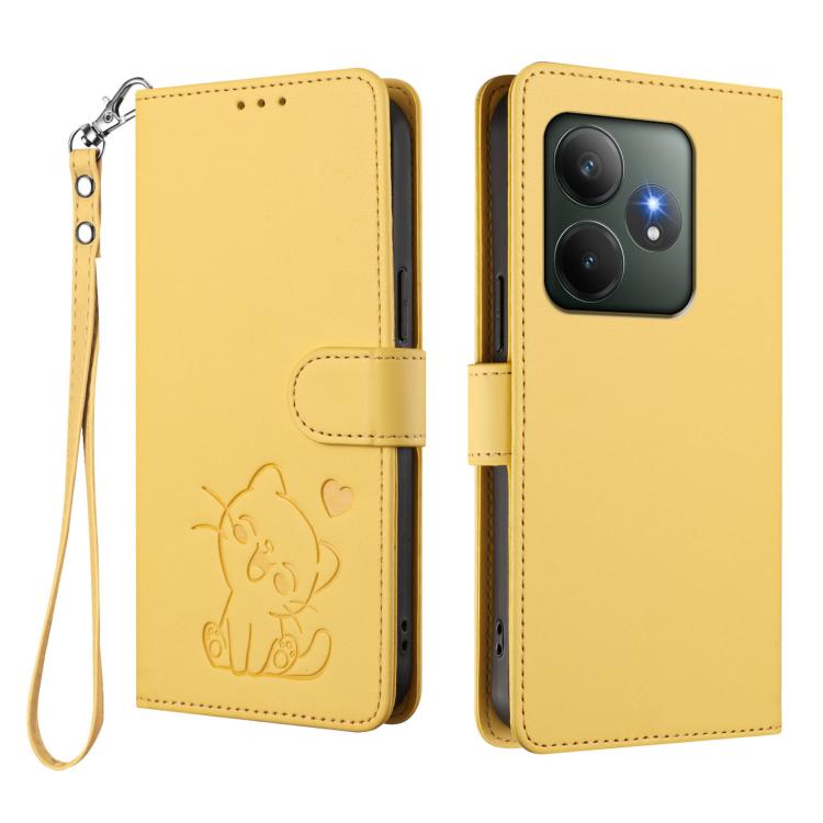For Realme GT 6 5G / GT 6T 5G Global Embossed Heart Cat Leather Phone Case with Hand Strap