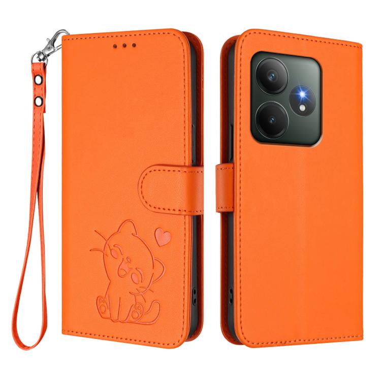 For Realme GT 6 5G / GT 6T 5G Global Embossed Heart Cat Leather Phone Case with Hand Strap