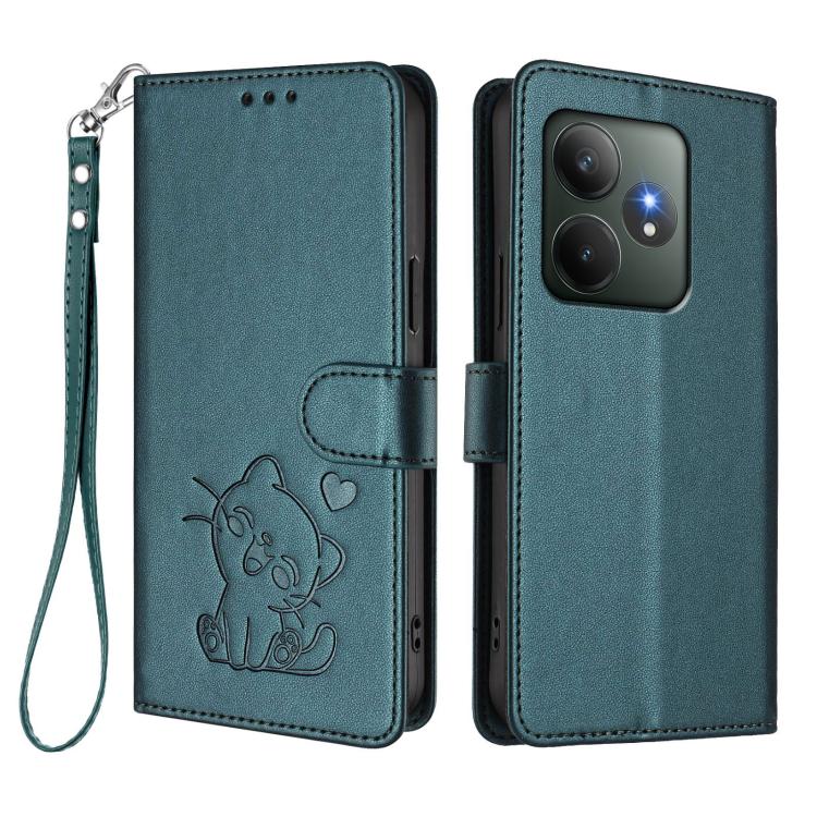 For Realme GT 6 5G / GT 6T 5G Global Embossed Heart Cat Leather Phone Case with Hand Strap