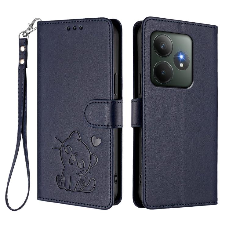 For Realme GT 6 5G / GT 6T 5G Global Embossed Heart Cat Leather Phone Case with Hand Strap