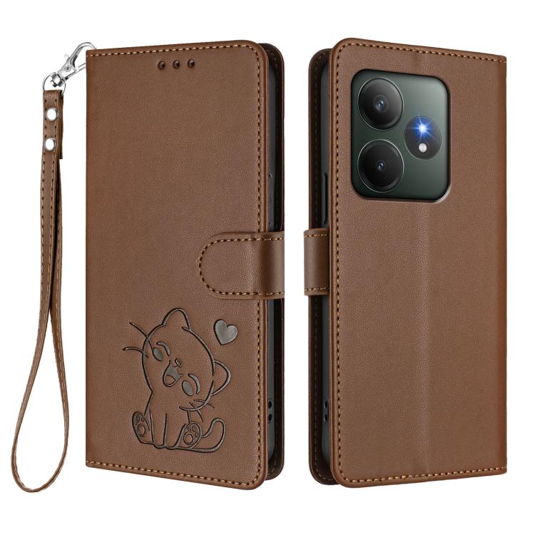 For Realme GT 6 5G / GT 6T 5G Global Embossed Heart Cat Leather Phone Case with Hand Strap