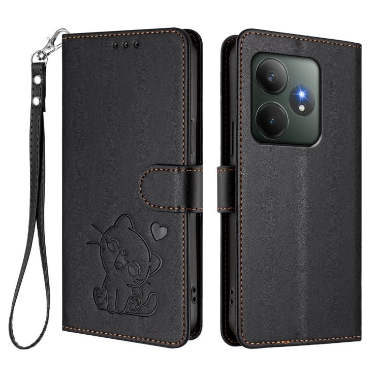 For Realme GT 6 5G / GT 6T 5G Global Embossed Heart Cat Leather Phone Case with Hand Strap