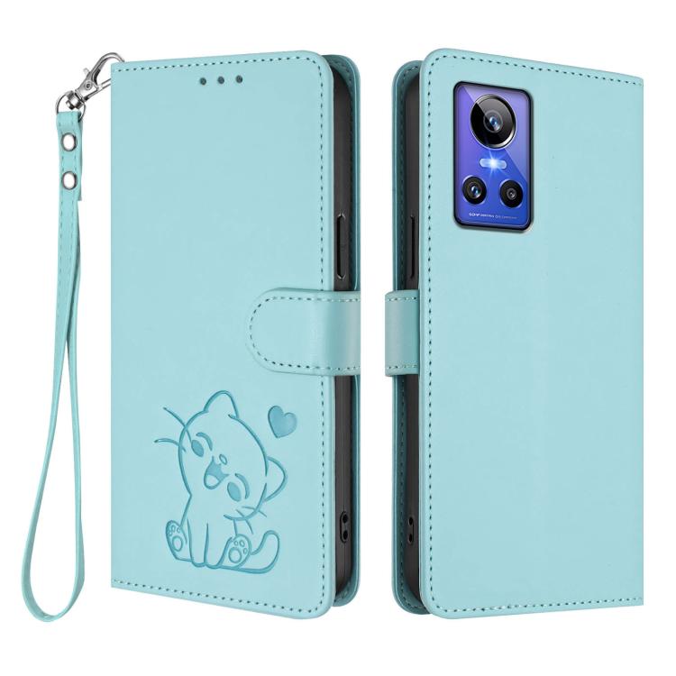 For Realme GT Neo 3 Embossed Heart Cat Leather Phone Case with Hand Strap