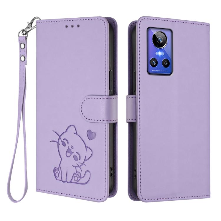 For Realme GT Neo 3 Embossed Heart Cat Leather Phone Case with Hand Strap
