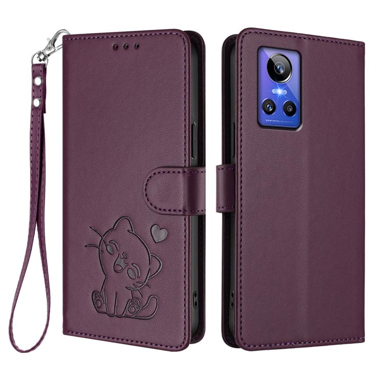 For Realme GT Neo 3 Embossed Heart Cat Leather Phone Case with Hand Strap