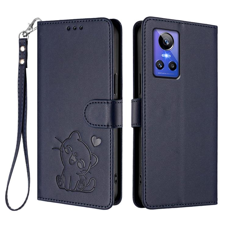 For Realme GT Neo 3 Embossed Heart Cat Leather Phone Case with Hand Strap