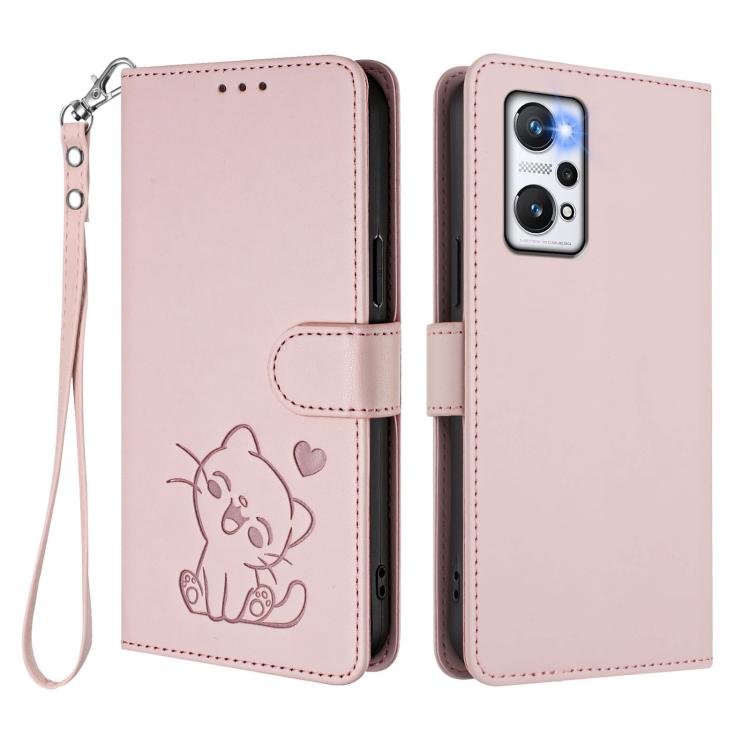 For Realme GT Neo 3T Embossed Heart Cat Leather Phone Case with Hand Strap