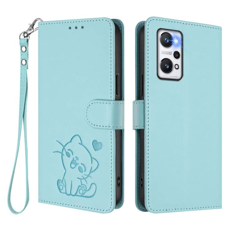 For Realme GT Neo 3T Embossed Heart Cat Leather Phone Case with Hand Strap