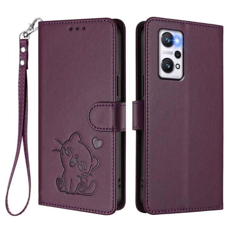 For Realme GT Neo 3T Embossed Heart Cat Leather Phone Case with Hand Strap