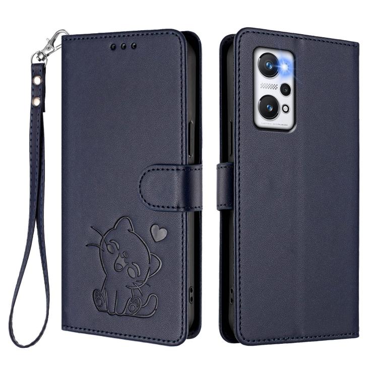 For Realme GT Neo 3T Embossed Heart Cat Leather Phone Case with Hand Strap