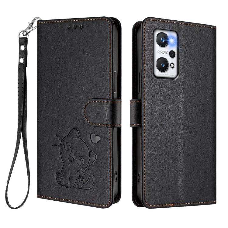 For Realme GT Neo 3T Embossed Heart Cat Leather Phone Case with Hand Strap