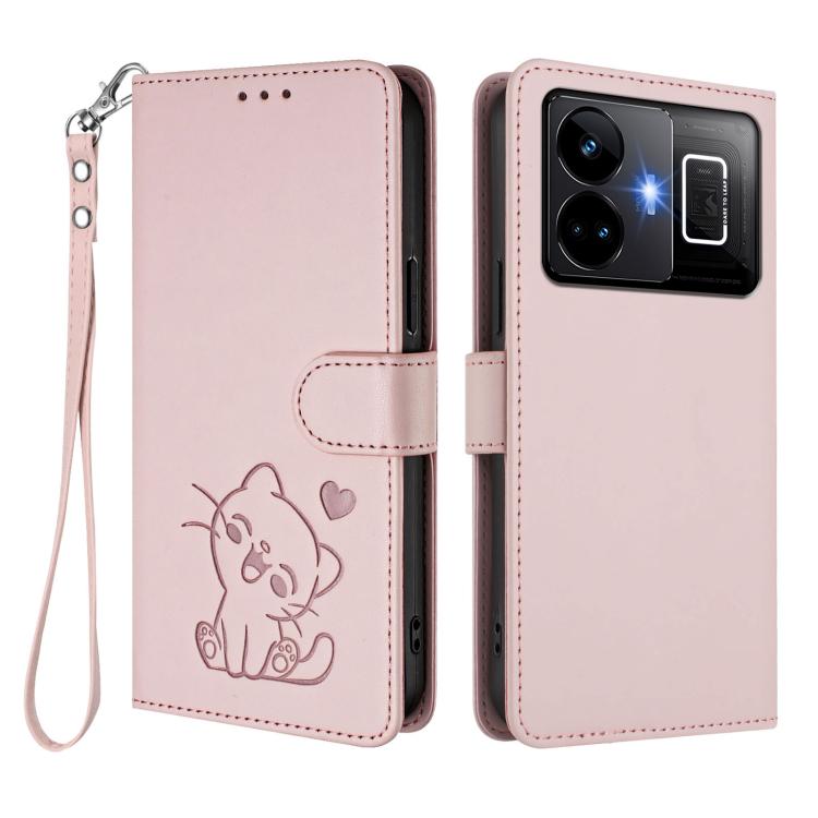For Realme GT3 5G / GT Neo 5 240W Embossed Heart Cat Leather Phone Case with Hand Strap