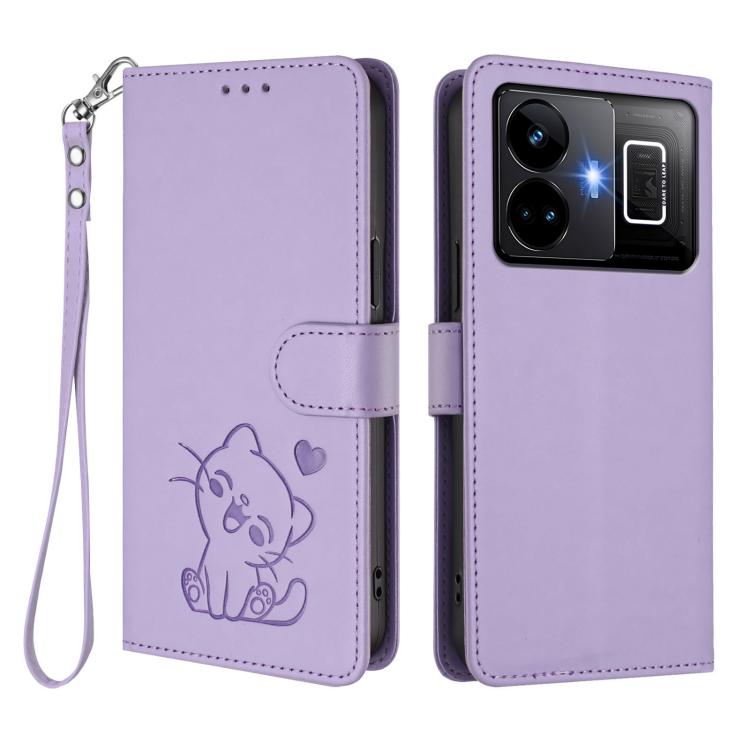 For Realme GT3 5G / GT Neo 5 240W Embossed Heart Cat Leather Phone Case with Hand Strap