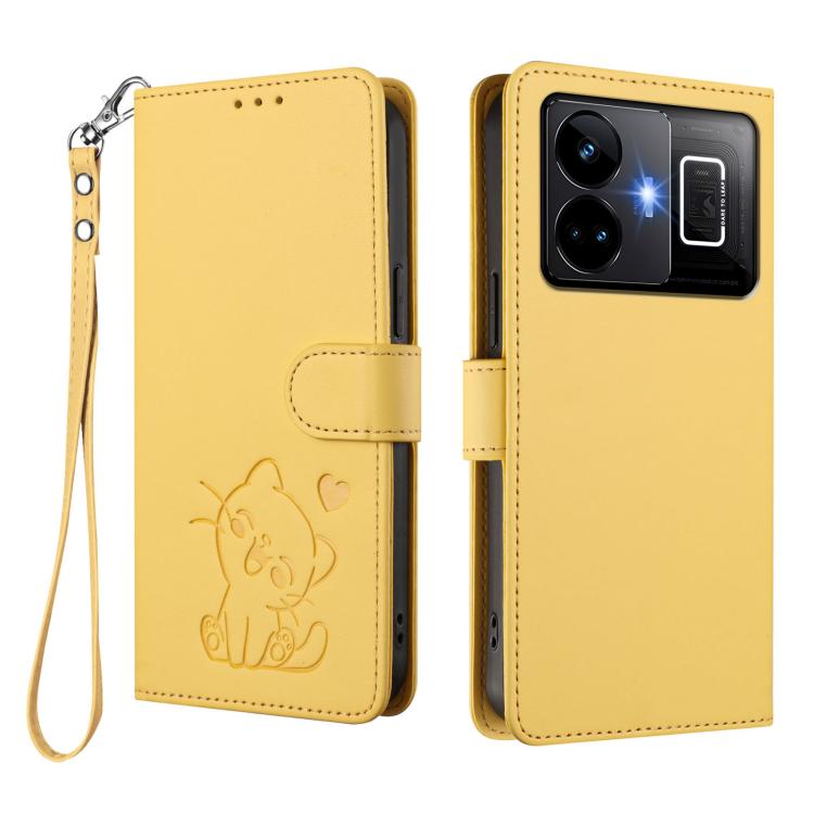 For Realme GT3 5G / GT Neo 5 240W Embossed Heart Cat Leather Phone Case with Hand Strap