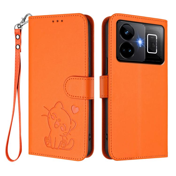 For Realme GT3 5G / GT Neo 5 240W Embossed Heart Cat Leather Phone Case with Hand Strap