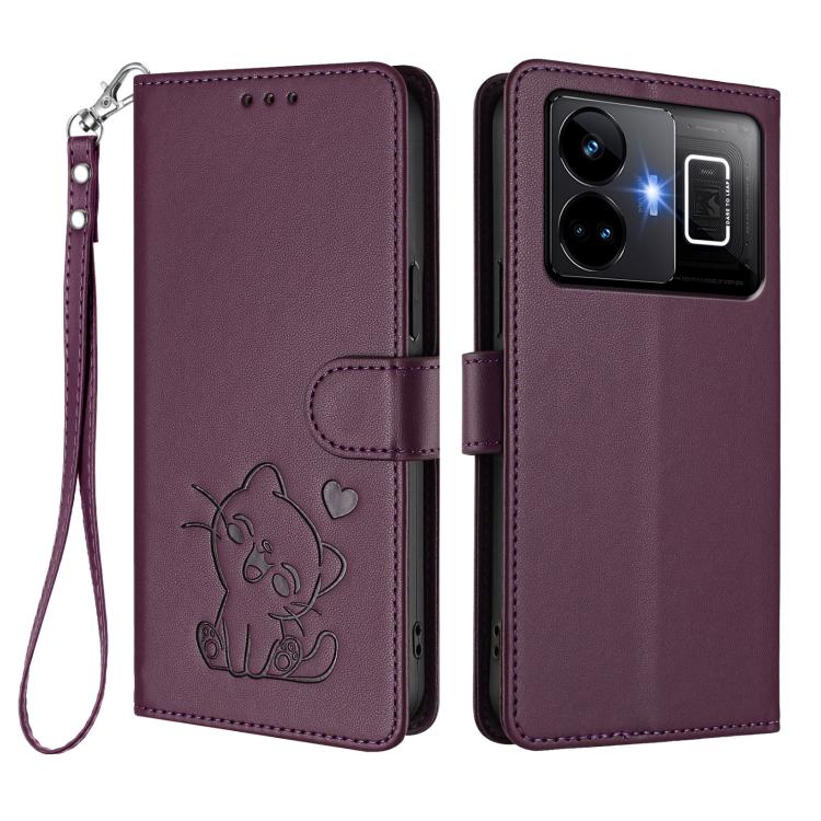 For Realme GT3 5G / GT Neo 5 240W Embossed Heart Cat Leather Phone Case with Hand Strap