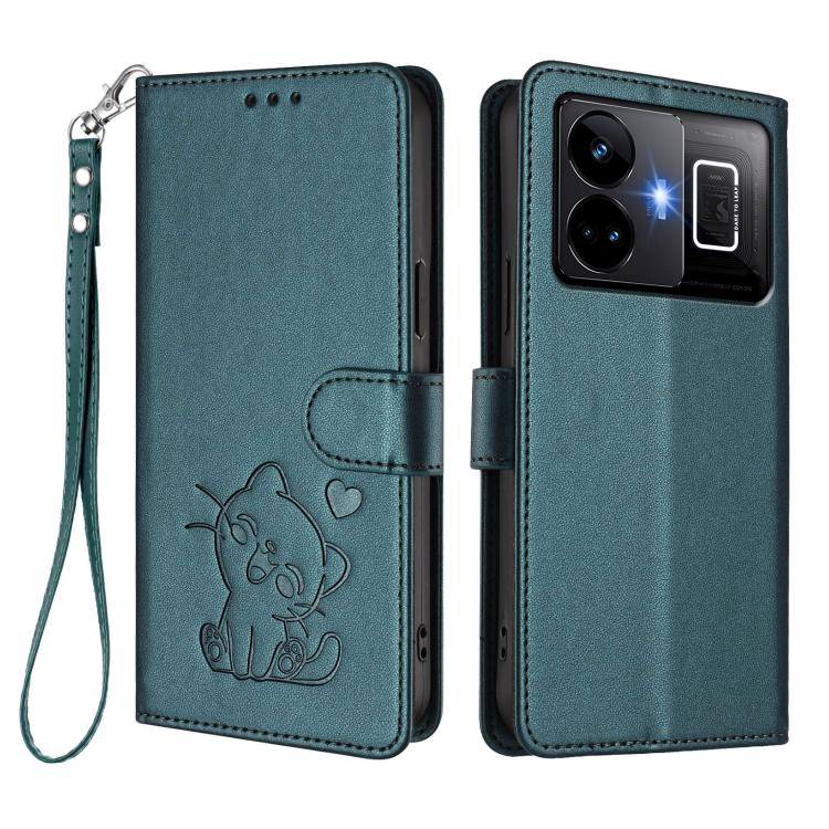 For Realme GT3 5G / GT Neo 5 240W Embossed Heart Cat Leather Phone Case with Hand Strap