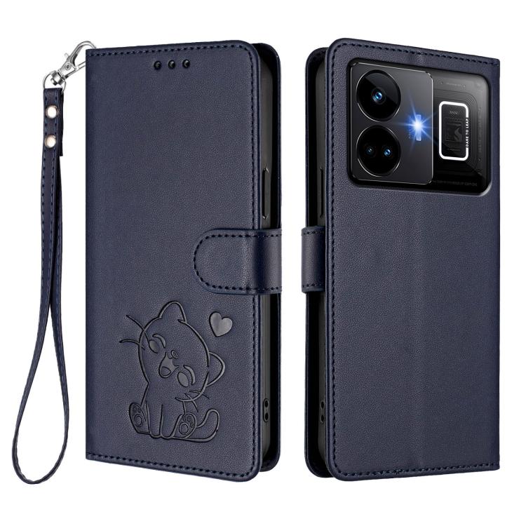 For Realme GT3 5G / GT Neo 5 240W Embossed Heart Cat Leather Phone Case with Hand Strap